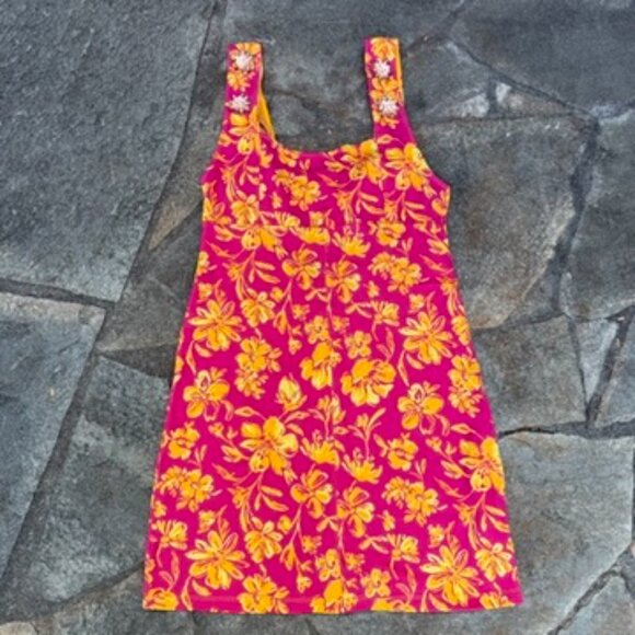 ZARA Floral Mini Dress M Pink Yellow Square Neck Embellished Straps - Picture 2 of 12